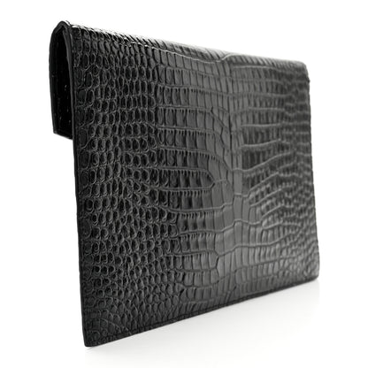 Saint Laurent Calfskin Crocodile Embossed Uptown Monogram Clutch Black 2 of 8
