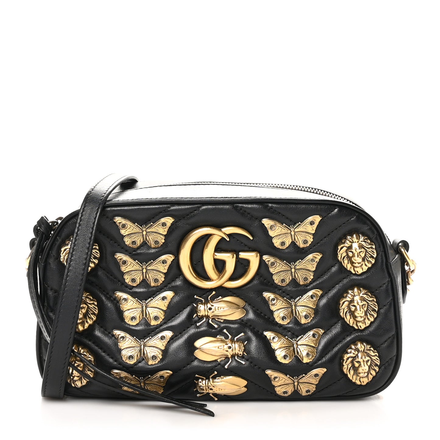 Calfskin Matelasse Animal Studs Small GG Marmont Chain Shoulder Bag Black