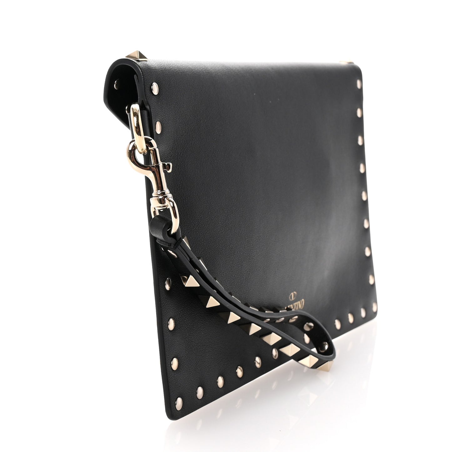 Vitello Medium Rockstud Envelope Flat Wristlet Pouch Black