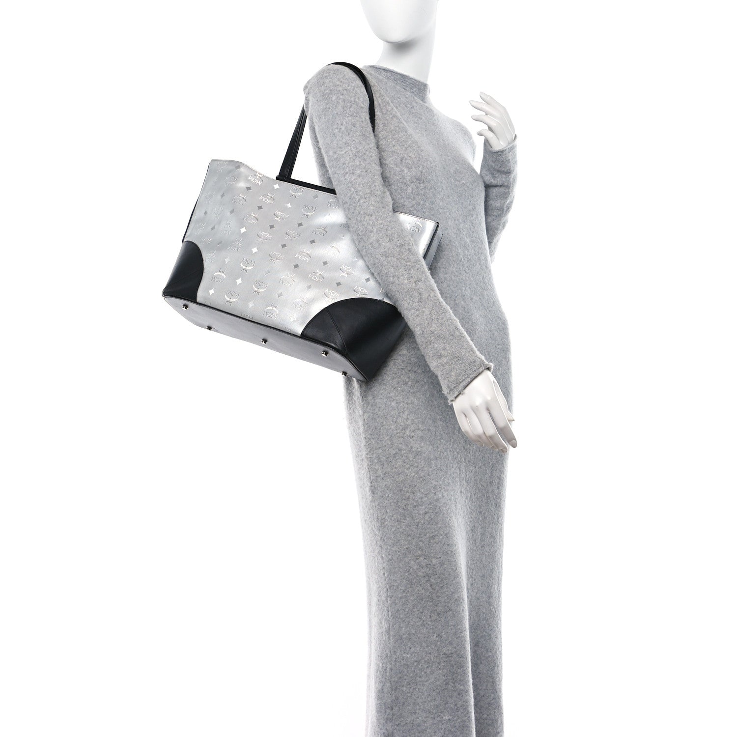 MCM Metallic Visetos Medium Shopper Tote Silver Black 2 of 10