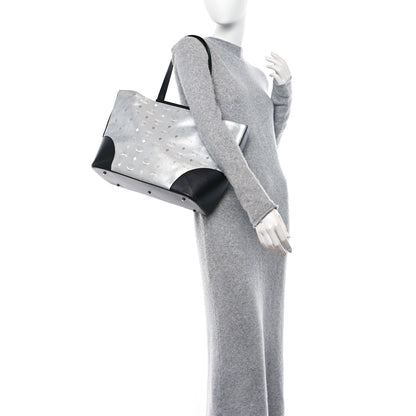 MCM Metallic Visetos Medium Shopper Tote Silver Black 2 of 10
