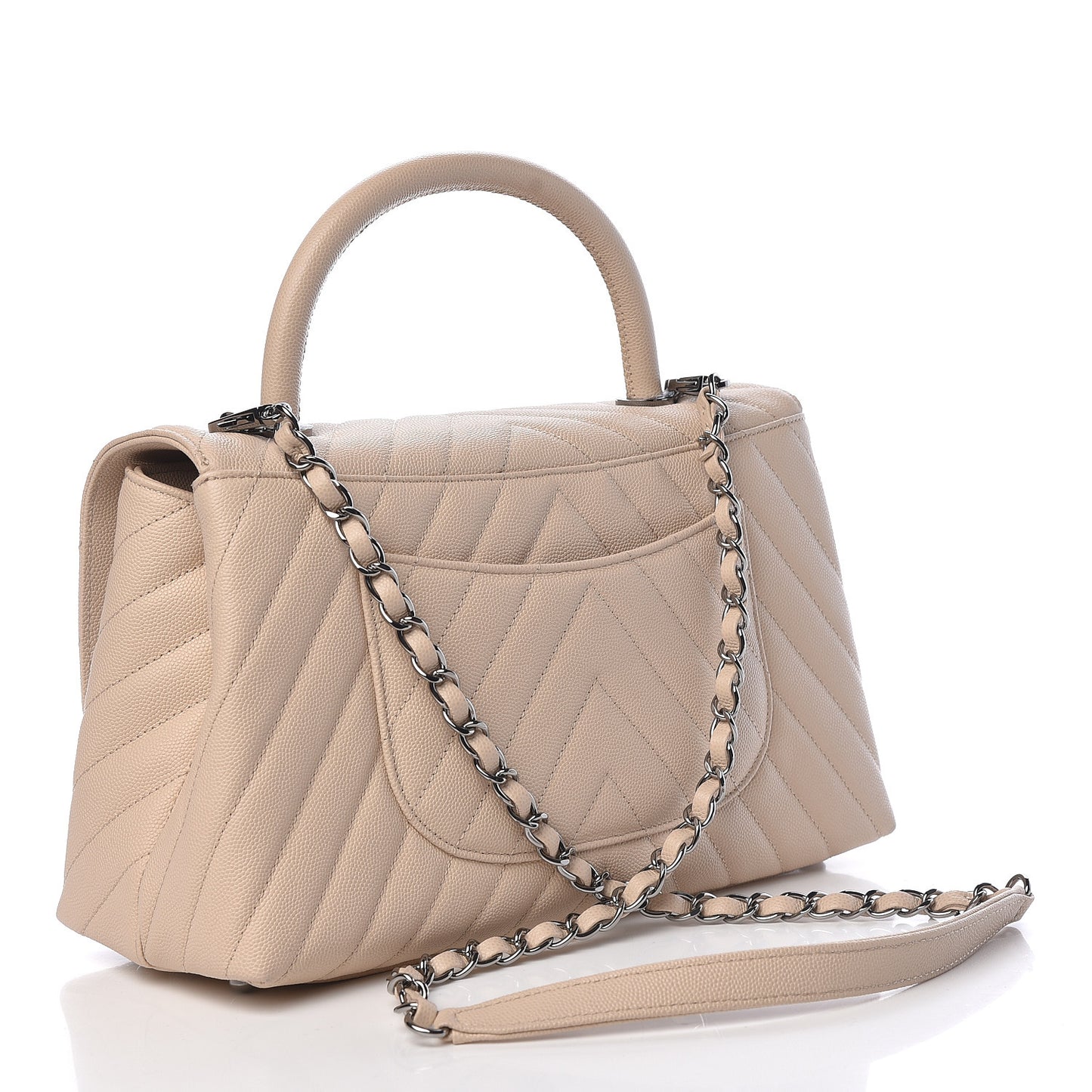 Caviar Chevron Quilted Small Coco Handle Flap Beige