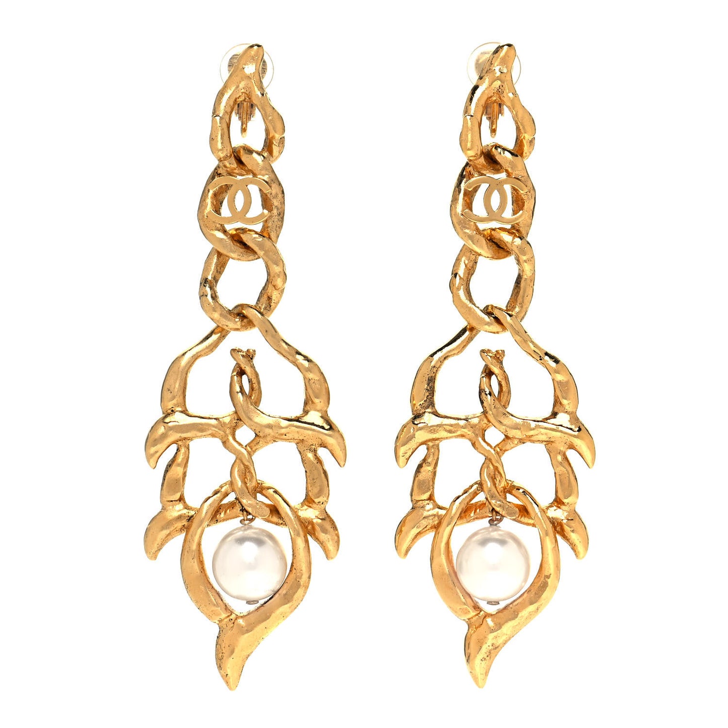Chain Link Pearl CC Clip On Earrings Gold