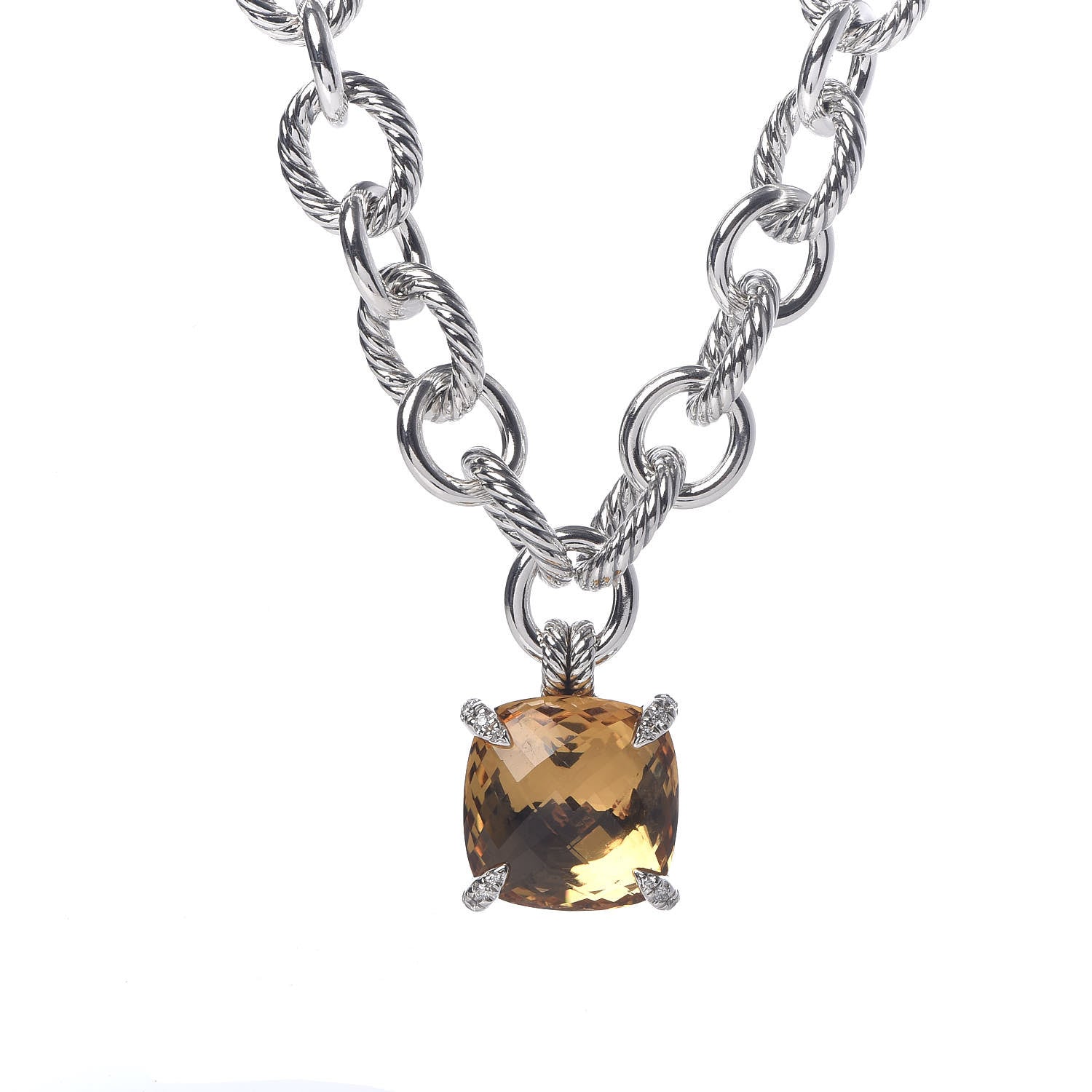 David Yurman Sterling Silver Diamond Champagne Citrine 20mm Oval Chain Chatelaine Pendant Necklace 4 of 6