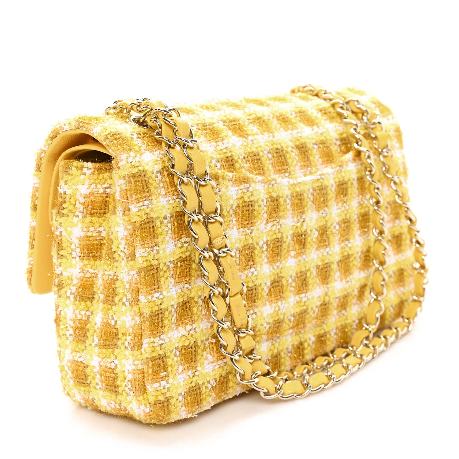 Chanel Tweed Quilted Medium Double Flap Yellow White Ochre 3 of 12