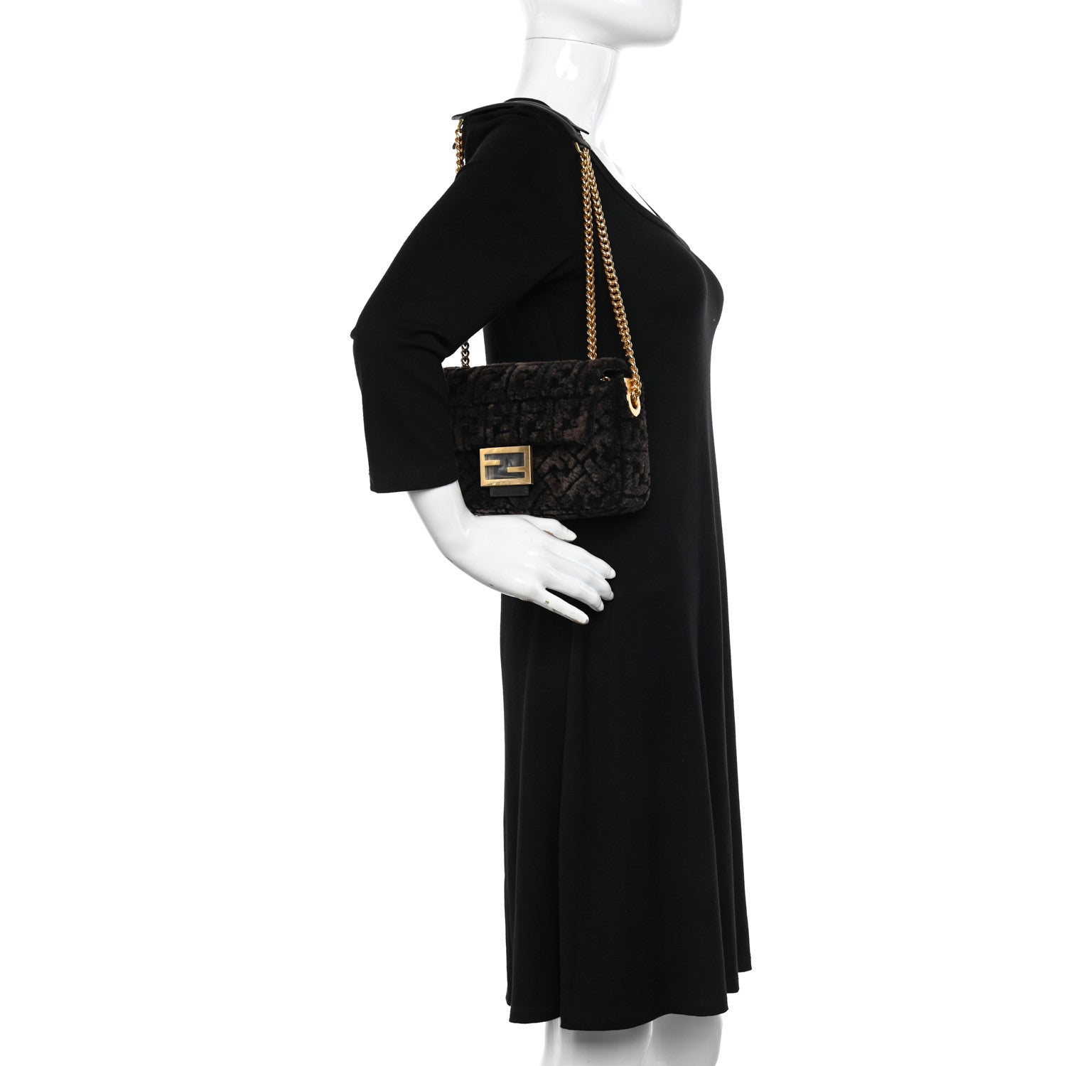 Fendi Shearling FF Midi Chain Baguette Ebano 2 of 10