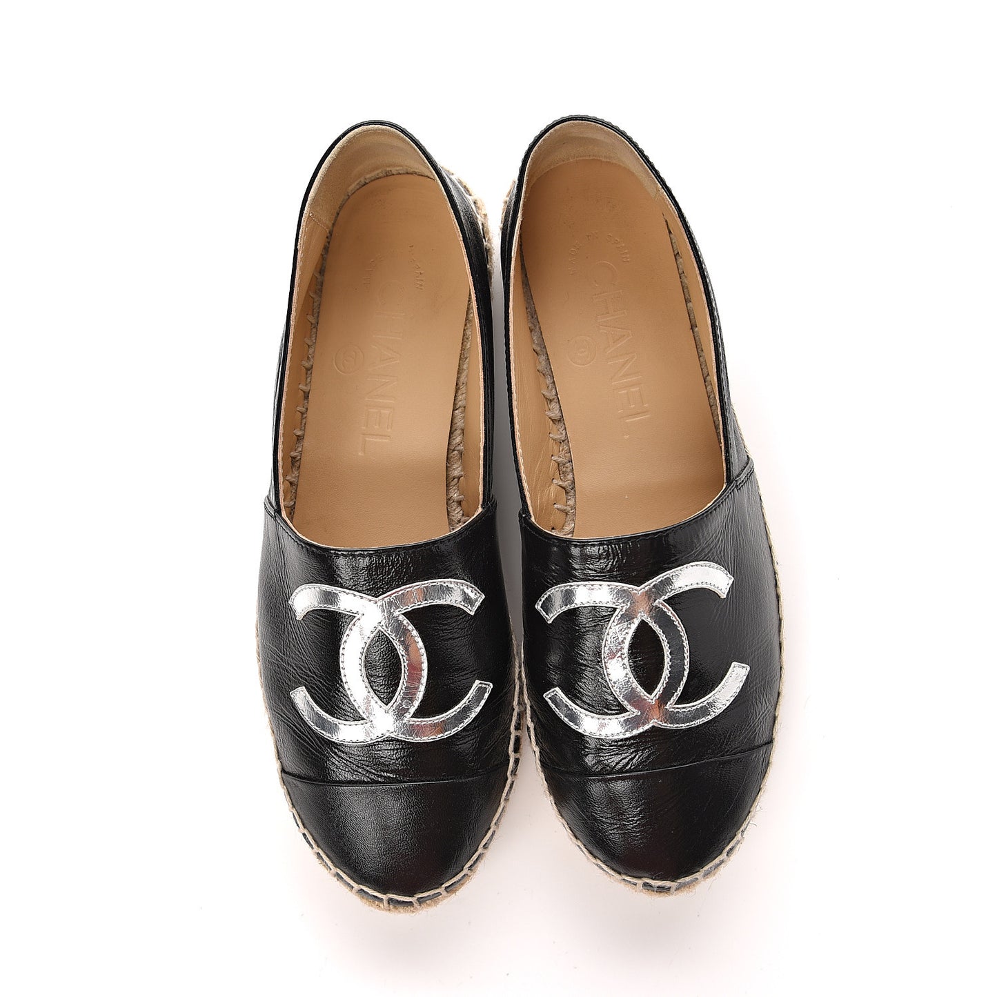 Patent Calfskin Metallic Goatskin CC Espadrilles 35 Black Silver