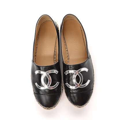 Chanel Patent Calfskin Metallic Goatskin CC Espadrilles 35 Black Silver 9 of 10