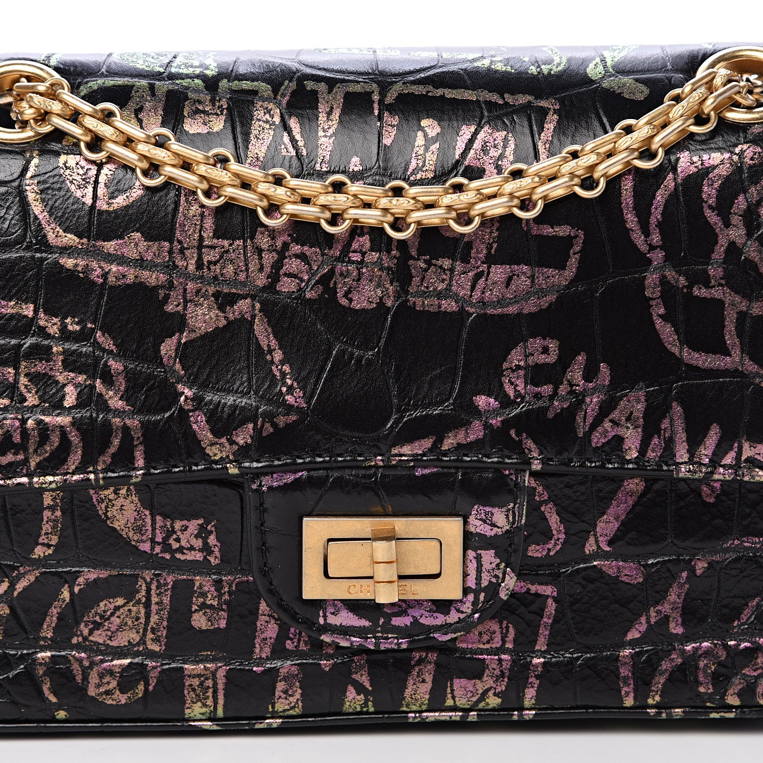 Chanel Calfskin Crocodile Embossed Graffiti 2.55 Mini Cocodile Reissue Flap Black Pink 7 of 10