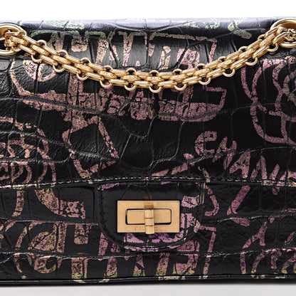 Chanel Calfskin Crocodile Embossed Graffiti 2.55 Mini Cocodile Reissue Flap Black Pink 7 of 10