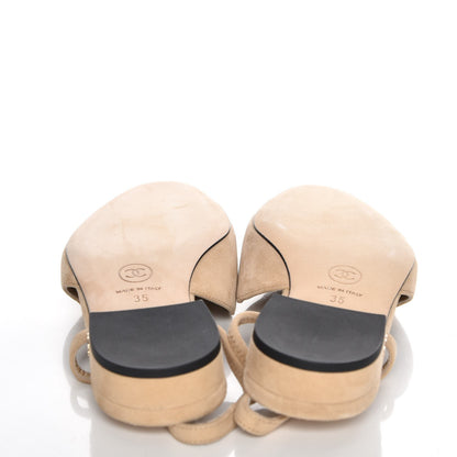 Chanel Suede Satin Cap Toe CC Slingback Sandals 35 Beige Black 5 of 8