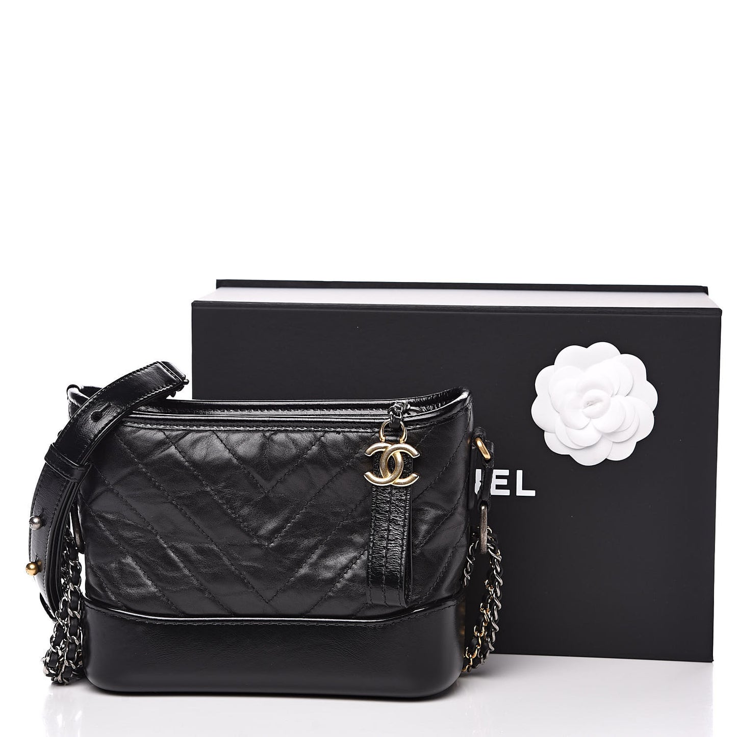 Aged Calfskin Chevron Quilted Small Gabrielle Hobo Black