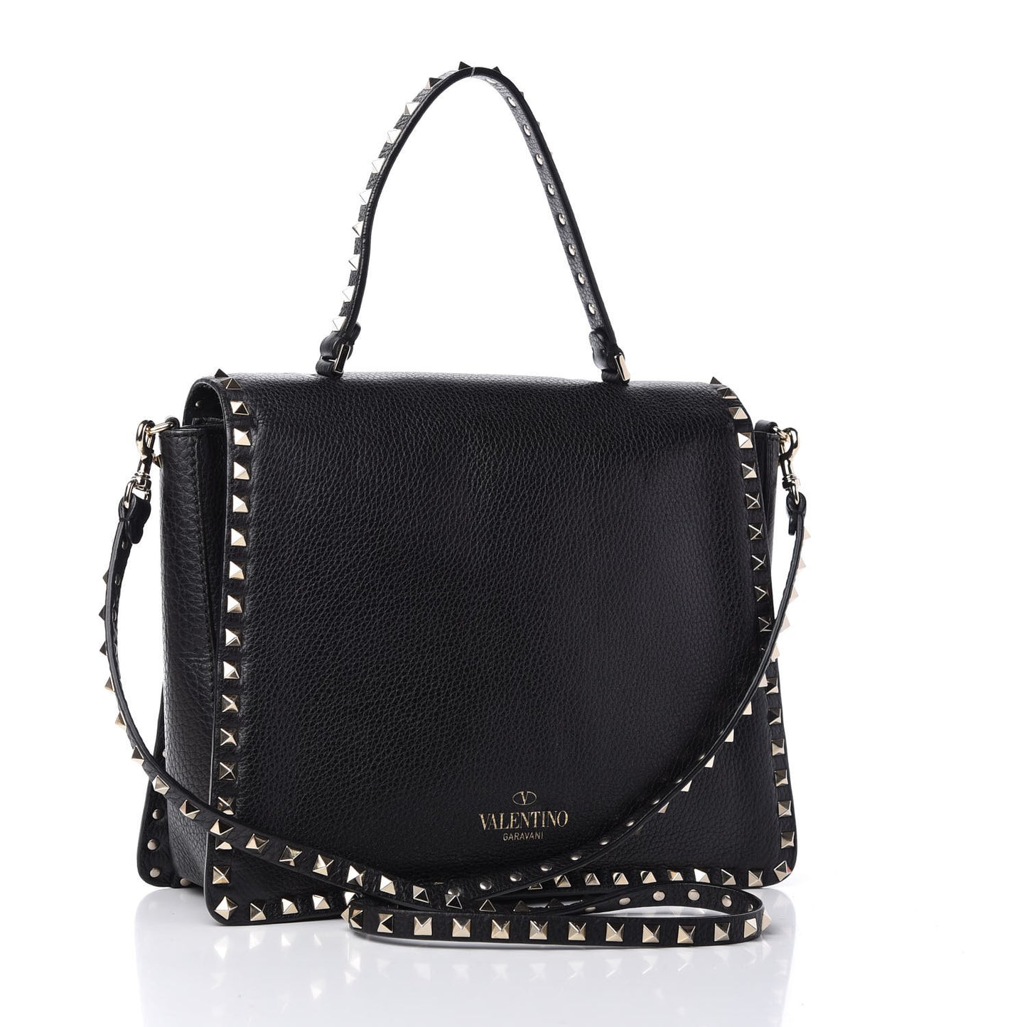 Grained Calfskin Rockstud Top Handle Flap Shoulder Bag Black