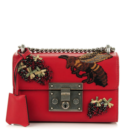Gucci Calfskin Bee Embroidered Small Padlock Shoulder Bag Hibiscus Red 1 of 7