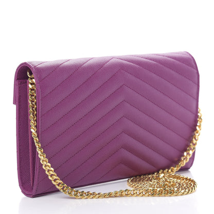 Saint Laurent Grain De Poudre Matelasse Chevron Monogram Chain Wallet Dark Grape 3 of 11