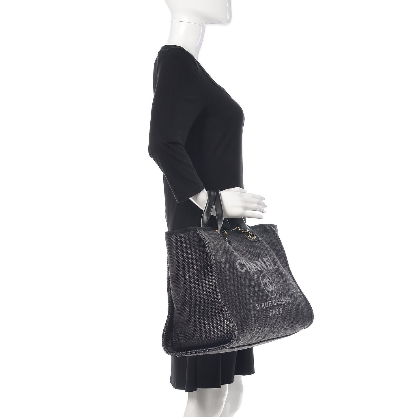 Woven Straw Raffia Large Deauville Tote Black