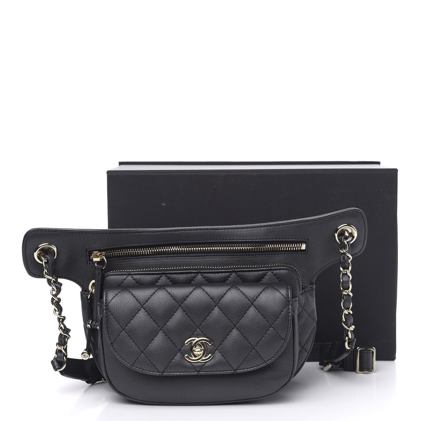Calfskin Flap Chain Waist Bag Black