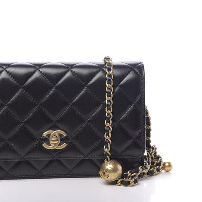 Chanel Lambskin Quilted CC Pearl Crush Wallet on Chain WOC Black 12 of 13