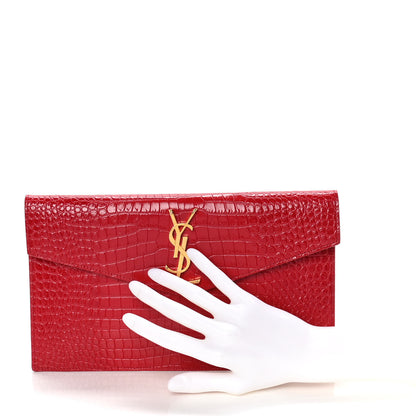 Saint Laurent Calfskin Crocodile Embossed Uptown Monogram Clutch Rouge Eros 2 of 6