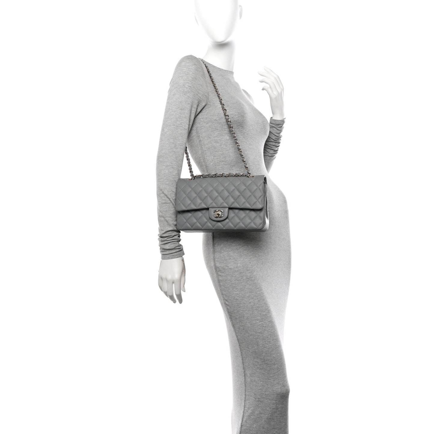 Caviar Quilted Medium Double Flap Grey