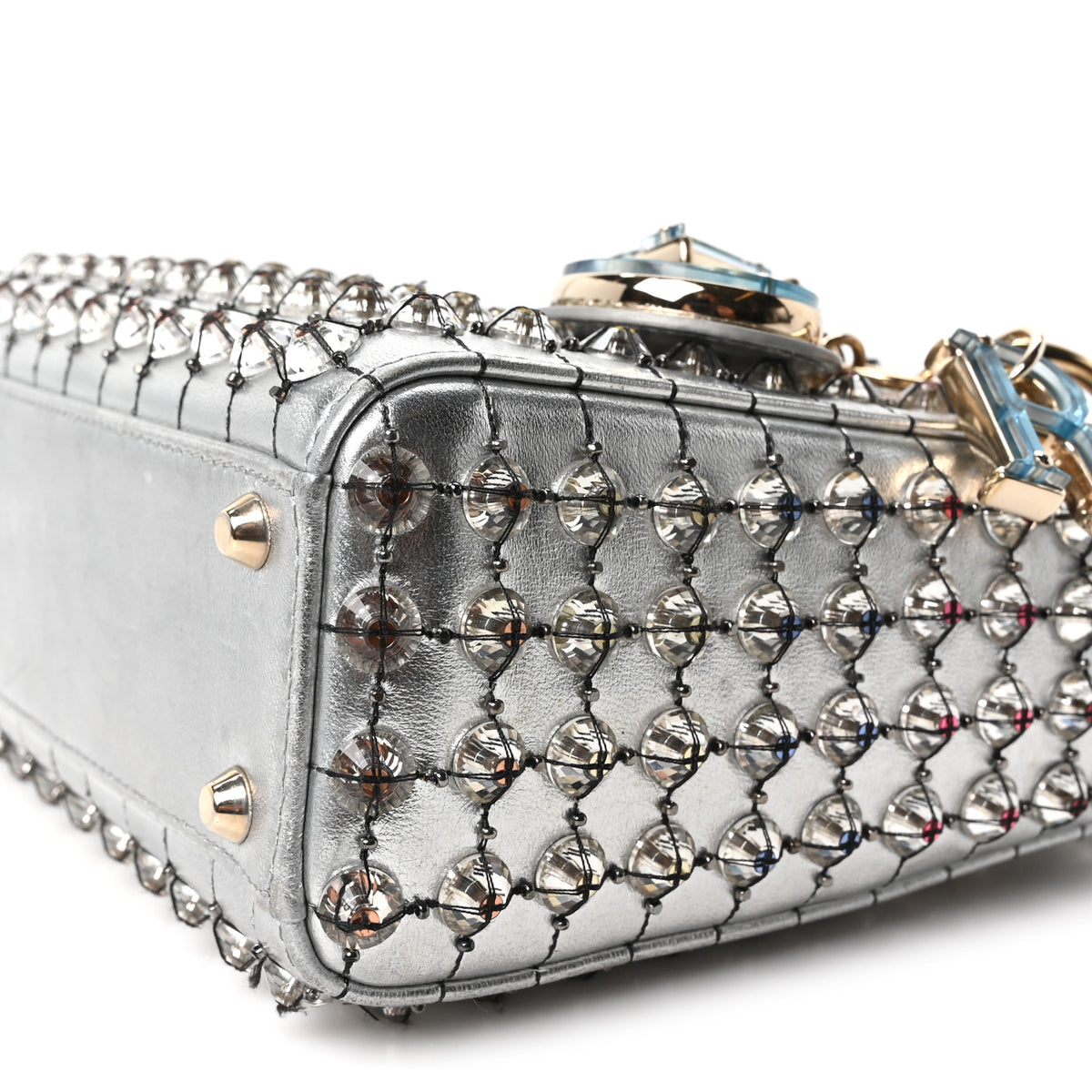 Christian Dior Metallic Calfskin Satin Celestial Bead Embroidery Cannage Mini Lady Dior Silver 18 of 19