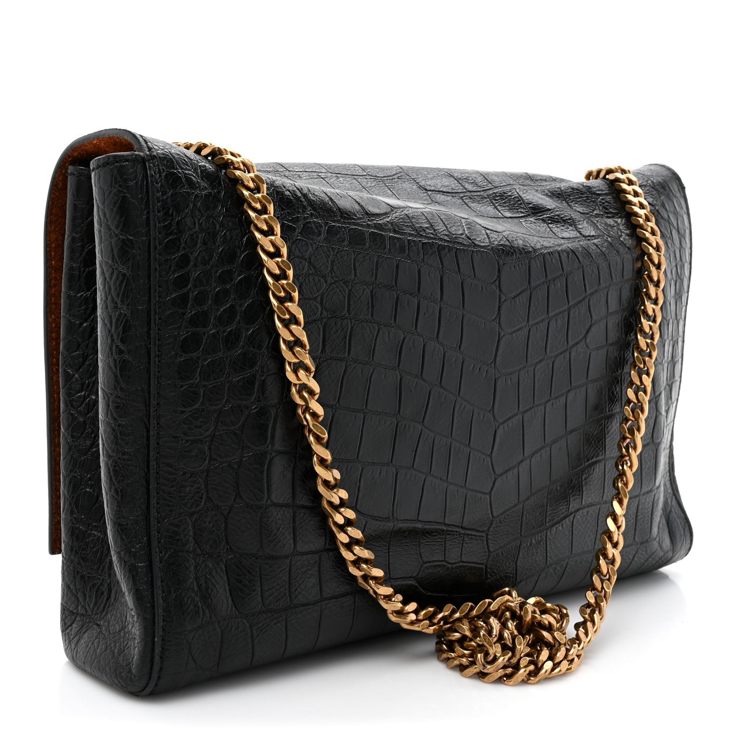 Saint Laurent Calfskin Crocodile Embossed Suede Medium Reversible Monogram Kate Satchel Military Taupe 3 of 11