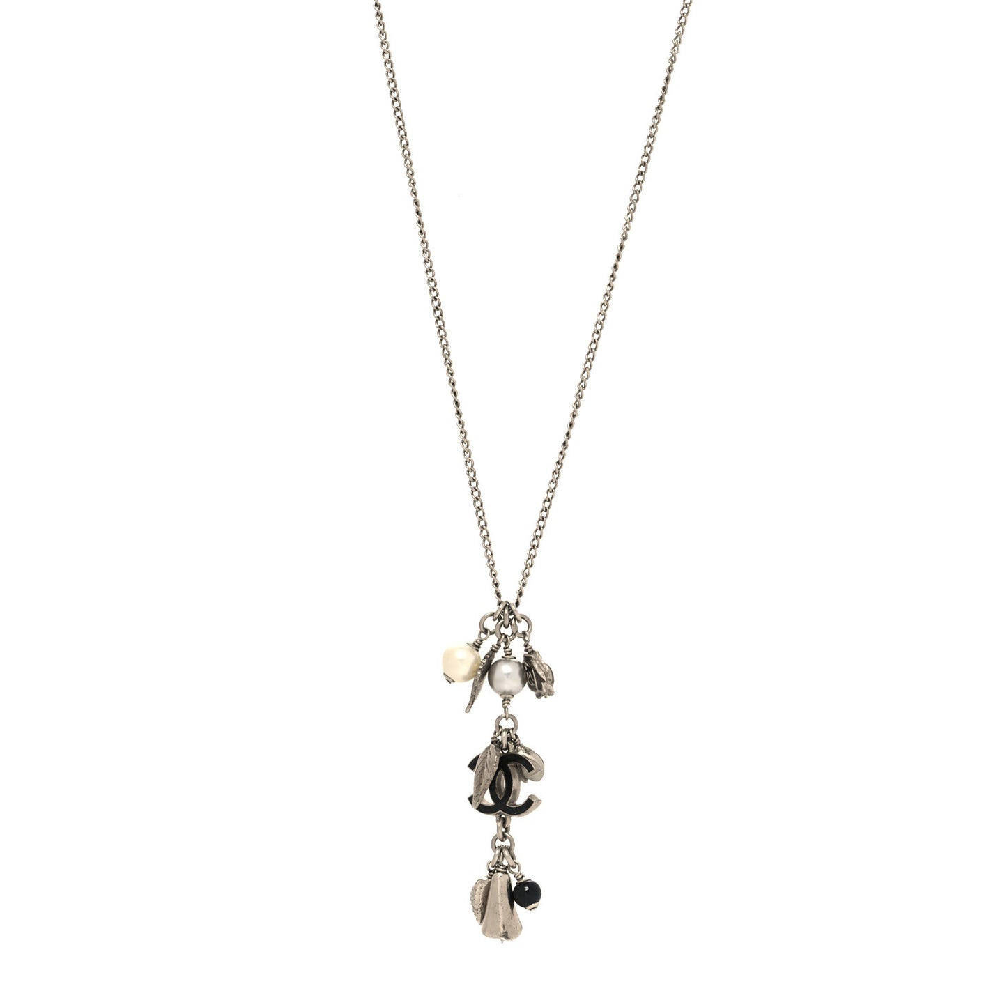 Enamel Bead Pearl Charms CC Drop Necklace Silver