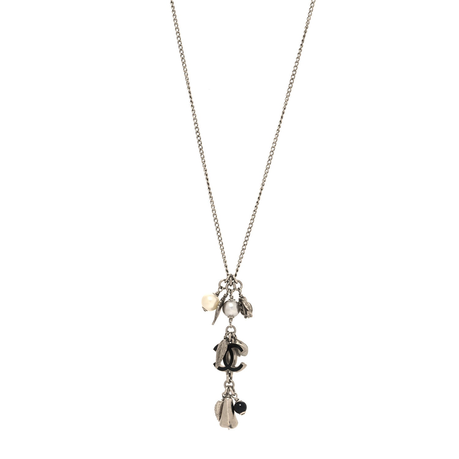 Chanel Enamel Bead Pearl Charms CC Drop Necklace Silver 1 of 5