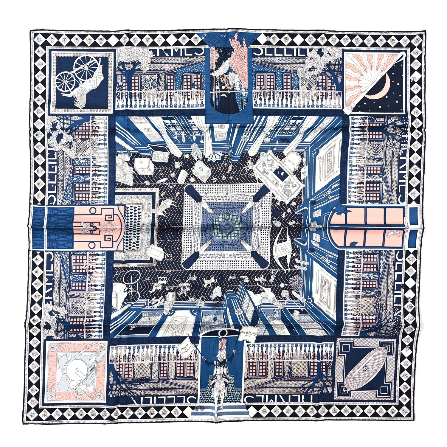 Hermes Silk Objets De Curiosite Scarf 90 Marine Rose Poudre 1 of 3