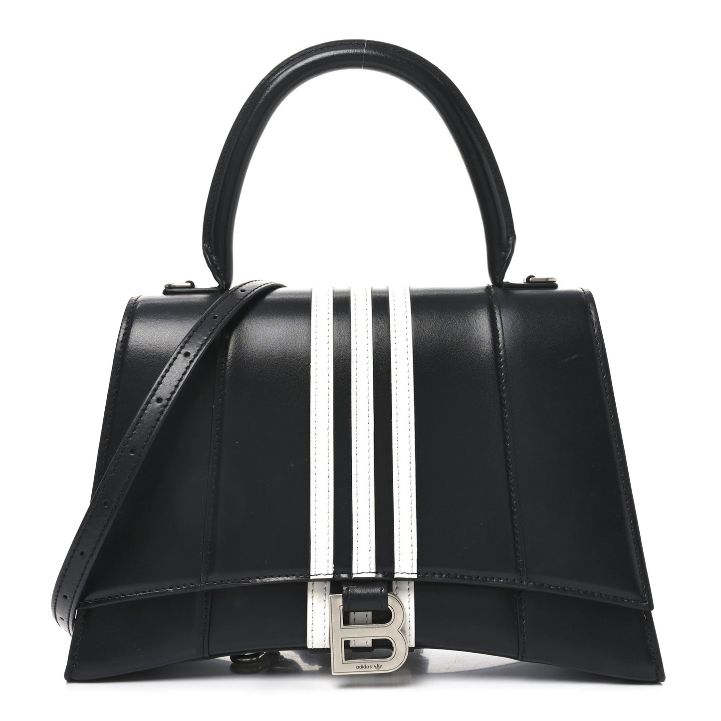 X ADIDAS Shiny Box Calfskin Medium Hourglass Top Handle Bag Black White