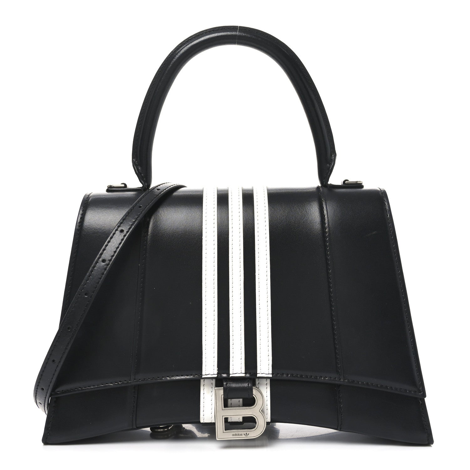Balenciaga X ADIDAS Shiny Box Calfskin Medium Hourglass Top Handle Bag Black White 1 of 9