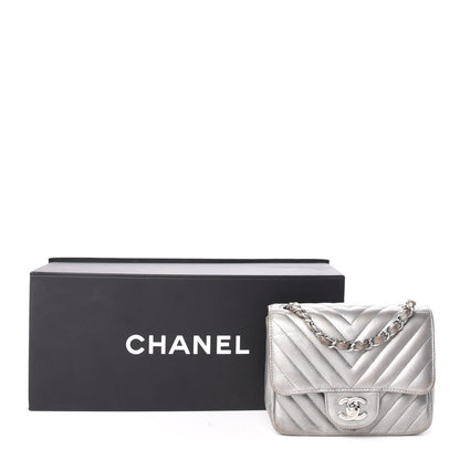 Chanel Metallic Caviar Chevron Quilted Mini Square Flap Silver 11 of 11