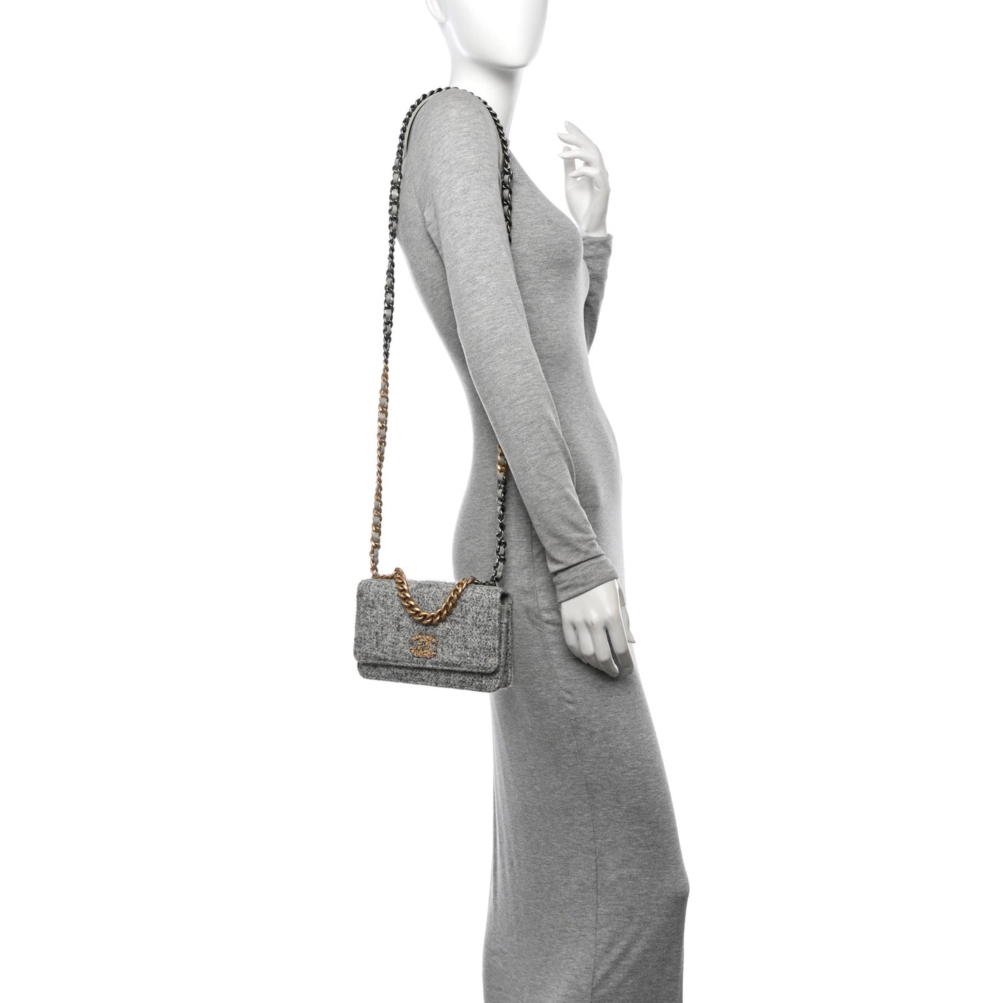 Wool Tweed Lambskin Quilted Chanel 19 Wallet On Chain WOC Grey Ecru