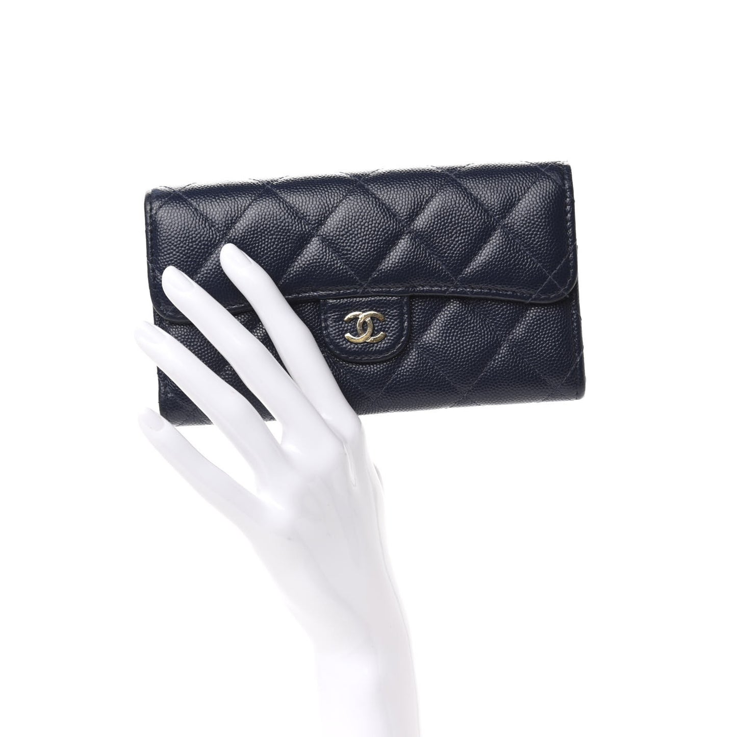 Caviar Quilted Small Flap Wallet Navy Blue