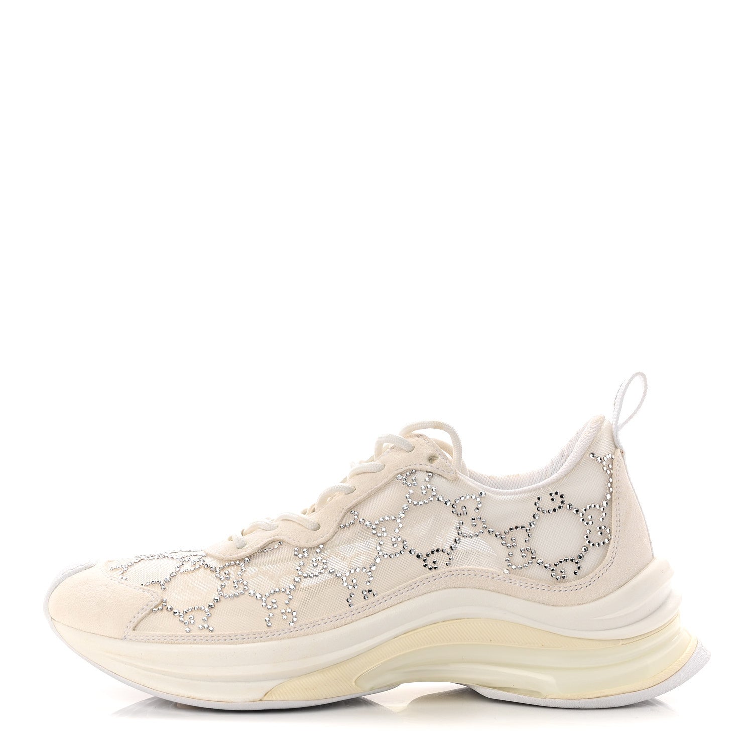 Gucci Tela Retino Mesh Crystal Suede GG Monogram Womens Gucci Run Sneakers 37.5 Off White Silver 1 of 10