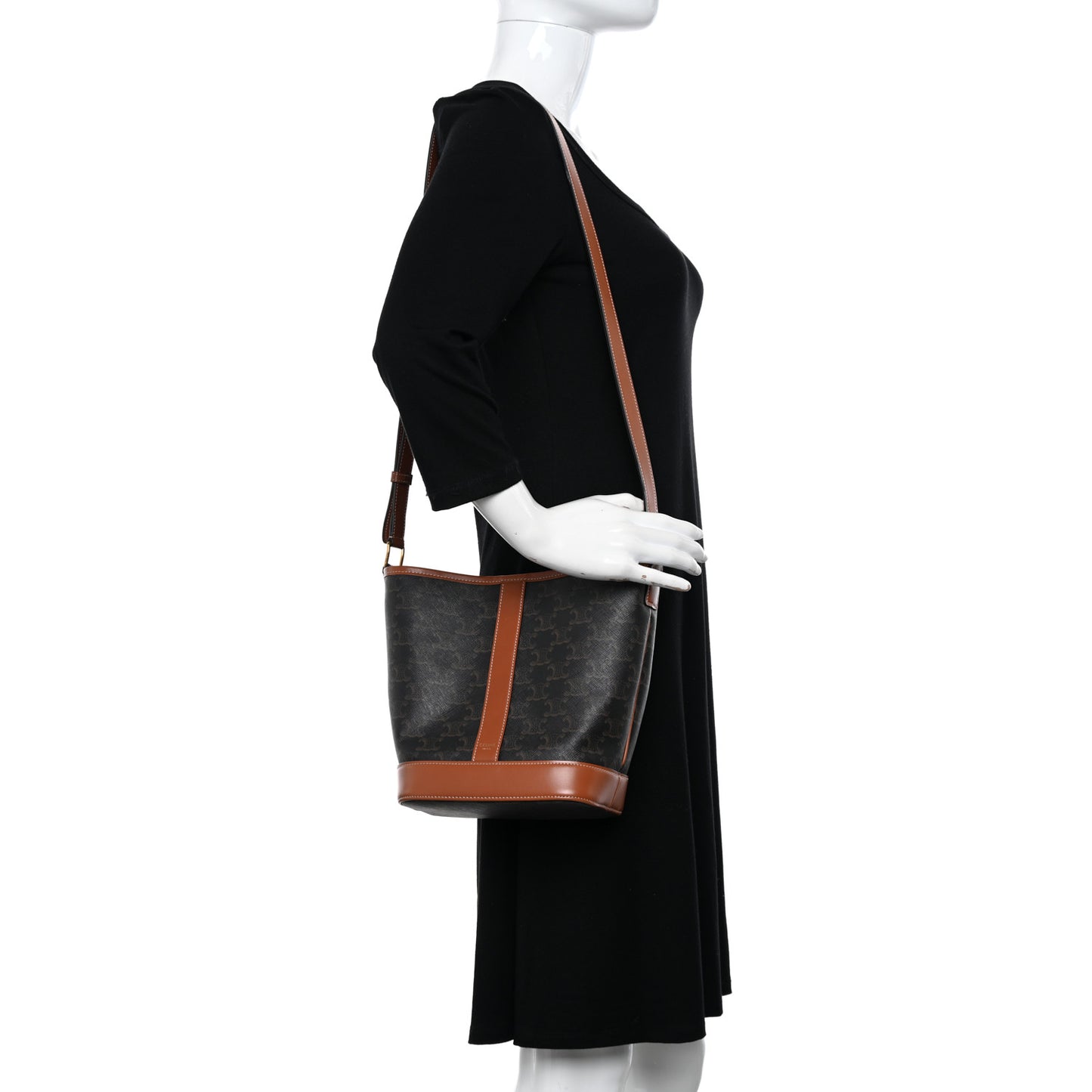 Triomphe Canvas Calfskin Small Bucket Bag Tan