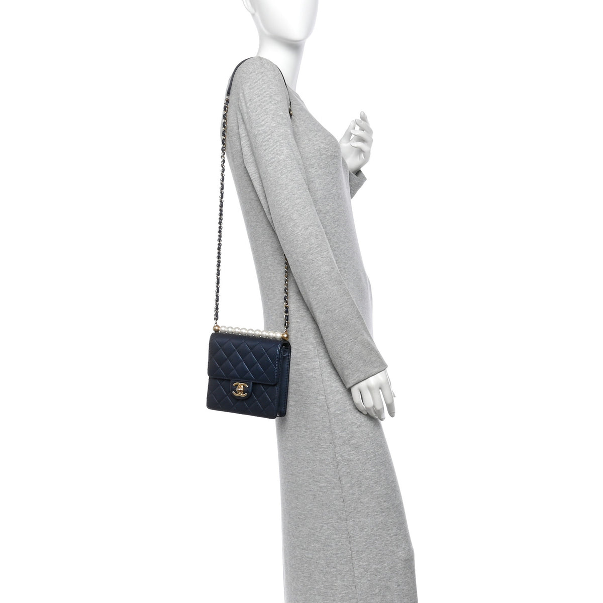 Iridescent Lambskin Quilted Chic Pearls Flap  Navy Blue