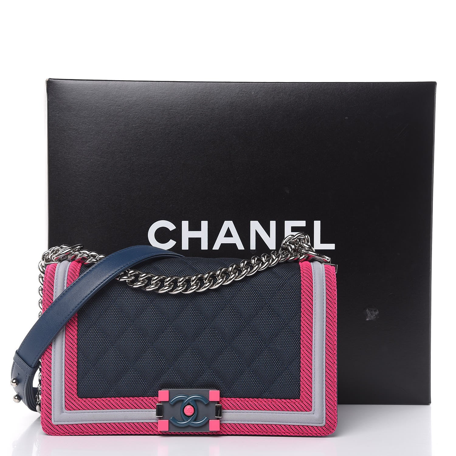 Chanel Canvas Quilted Medium Fluo Boy Flap Dark Navy Fuchsia Grey 10 of 10