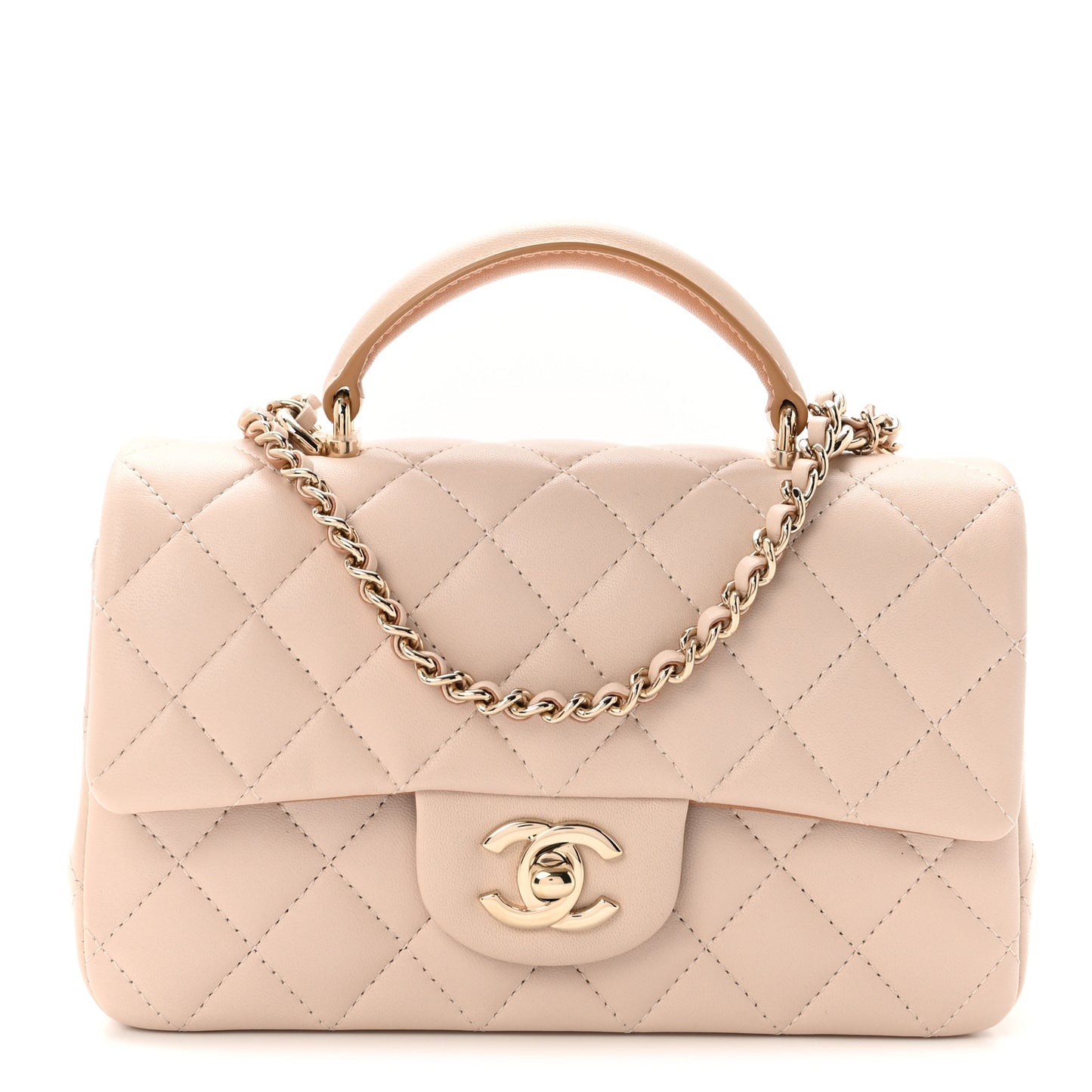 Lambskin Quilted Bi-Color Mini Top Handle Rectangular Flap Ecru Dark Beige
