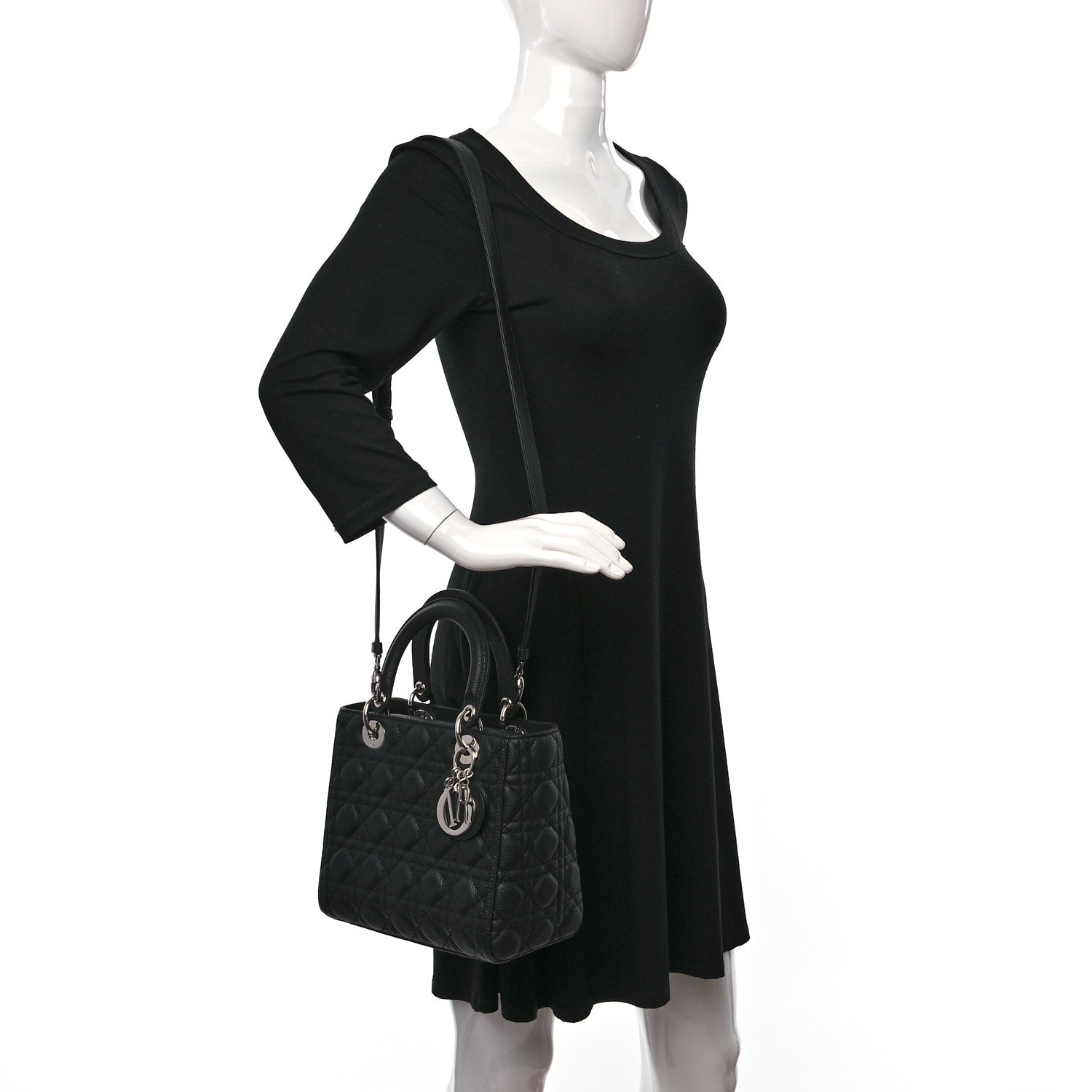 Christian Dior Grained Calfskin Cannage Medium Lady Dior Black 2 of 8