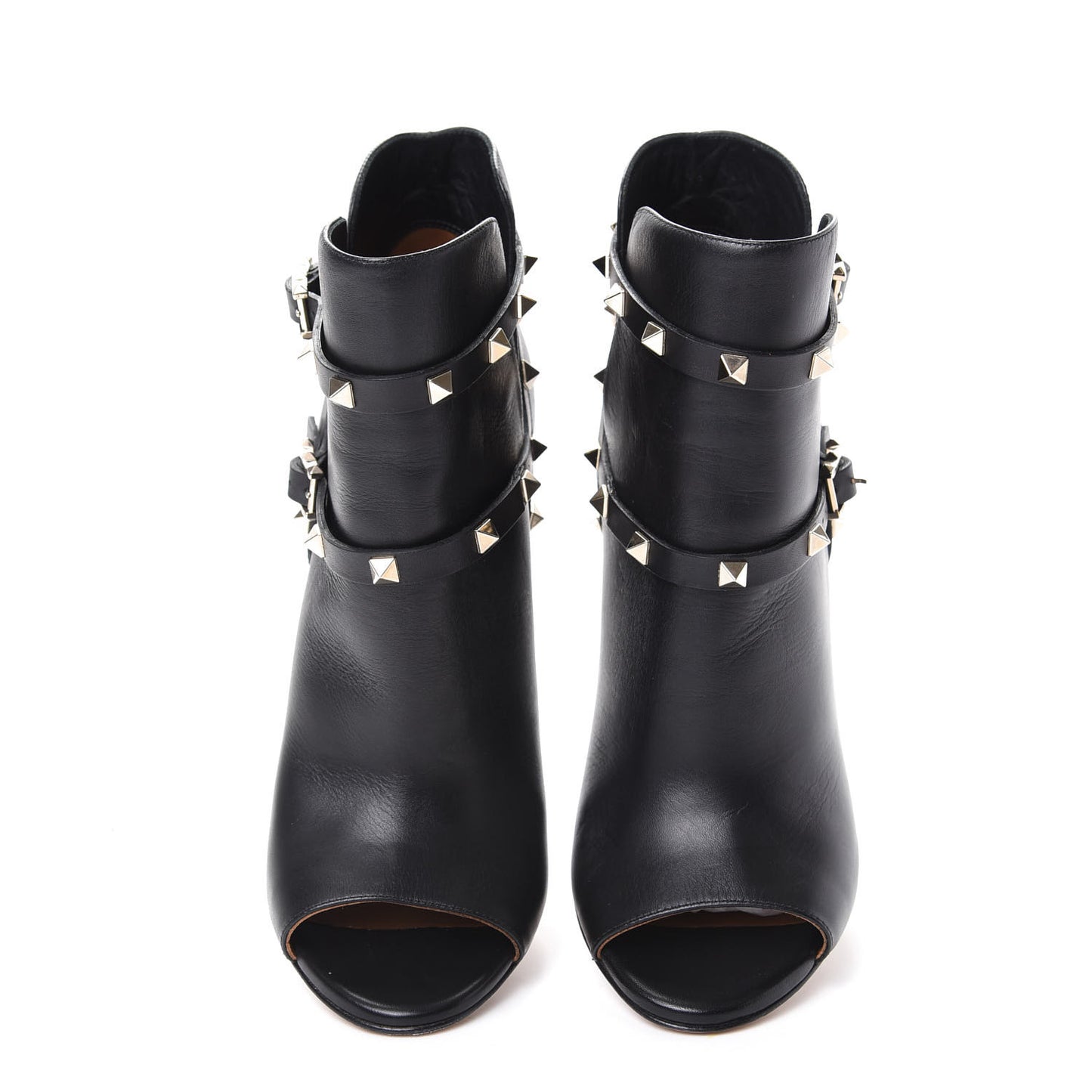 Calfskin Rockstud Peep Toe Double Buckle 100mm Ankle Boots 40 Black