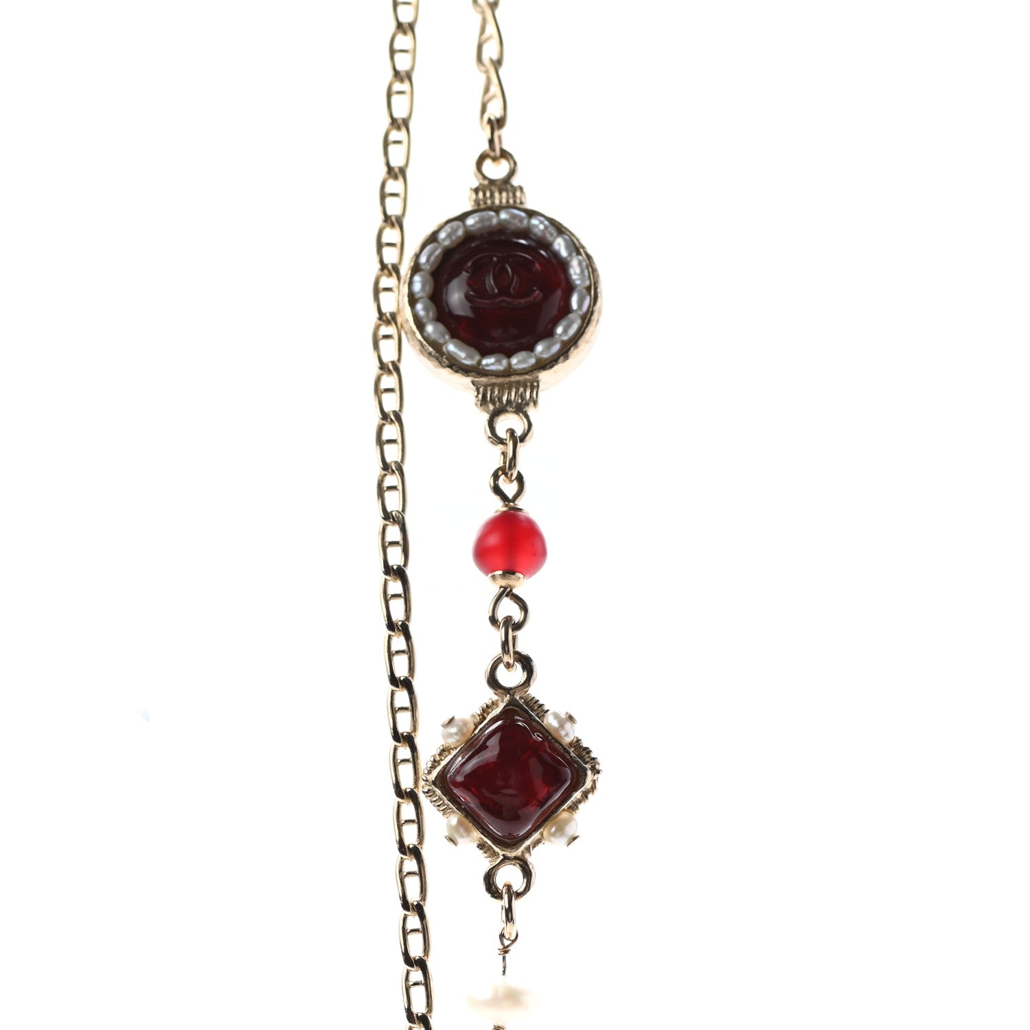 Chanel Pearl Resin Long Necklace Gold Red 4 of 6