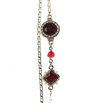 Chanel Pearl Resin Long Necklace Gold Red 4 of 6