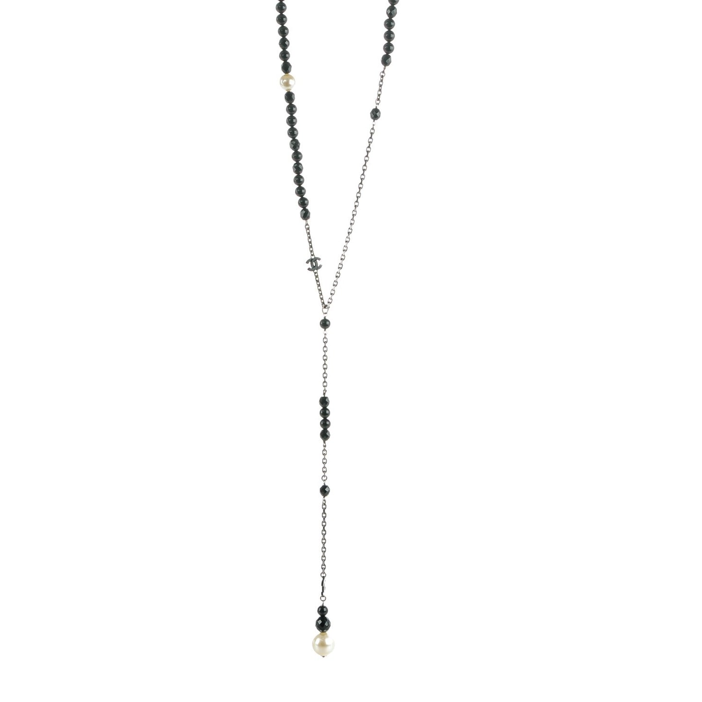Ruthenium Pearl Beaded CC Lariat Necklace Black