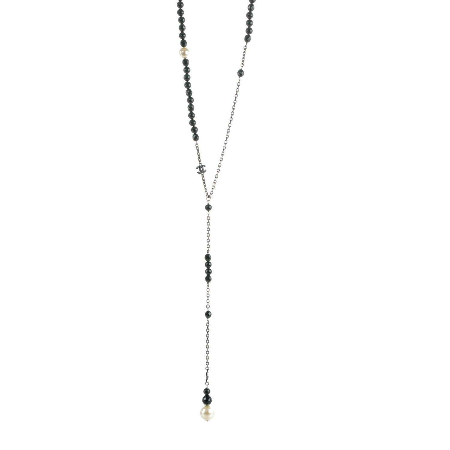 Chanel Ruthenium Pearl Beaded CC Lariat Necklace Black 1 of 5