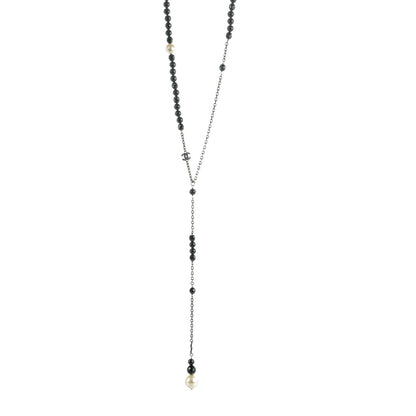 Chanel Ruthenium Pearl Beaded CC Lariat Necklace Black 1 of 5