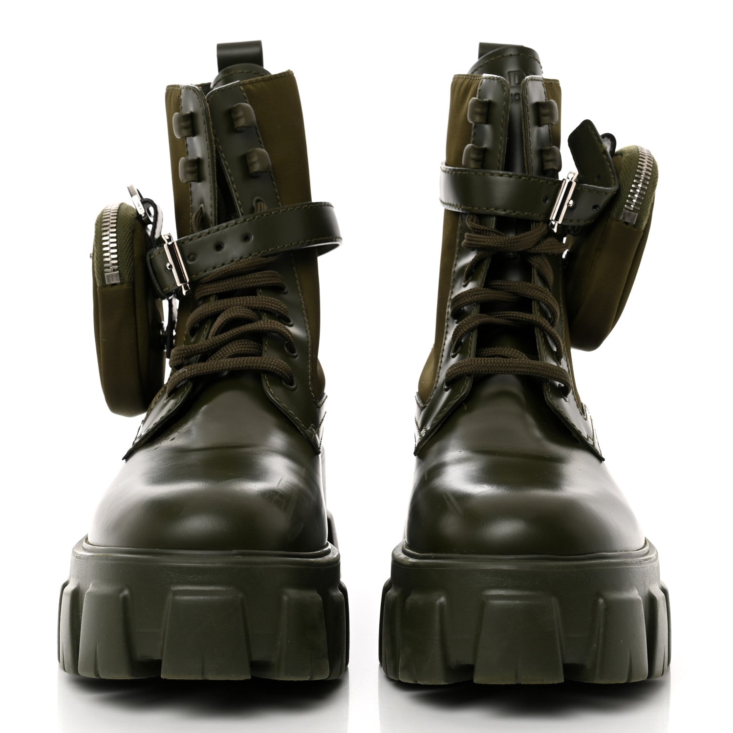 Prada Spazzolato Rois Re-Nylon Metal Triangle Logo Monolith Pouch Pocket 55mm Boots 38.5 Militare 2 of 15