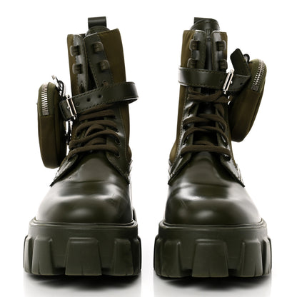Prada Spazzolato Rois Re-Nylon Metal Triangle Logo Monolith Pouch Pocket 55mm Boots 38.5 Militare 2 of 15
