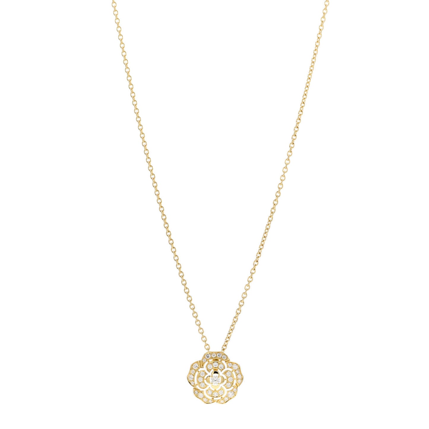 18K Yellow Gold Diamond Bouton de Camelia Pendant Necklace