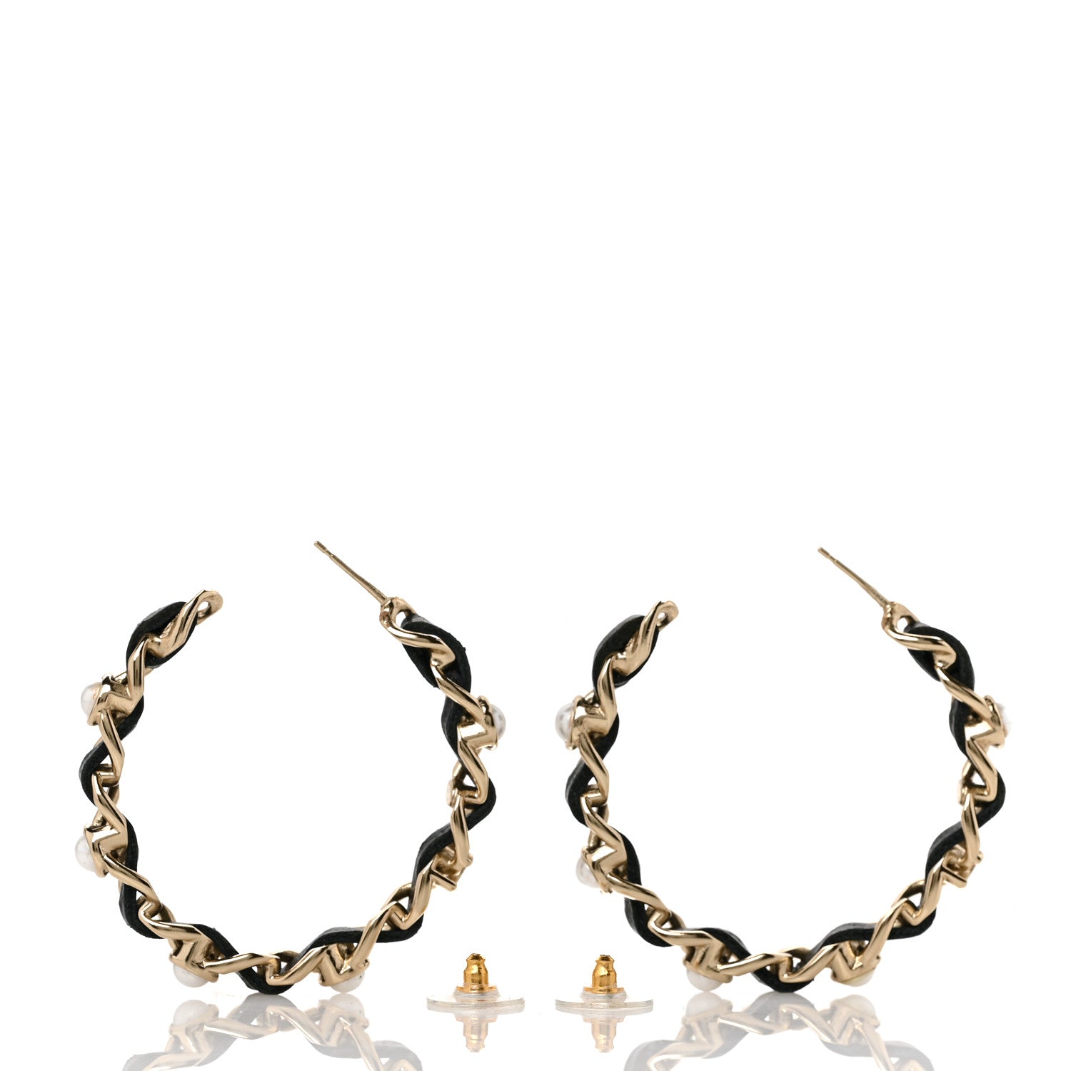 Chanel Lambskin Pearl CC Chain Hoop Earrings Gold Black 3 of 4